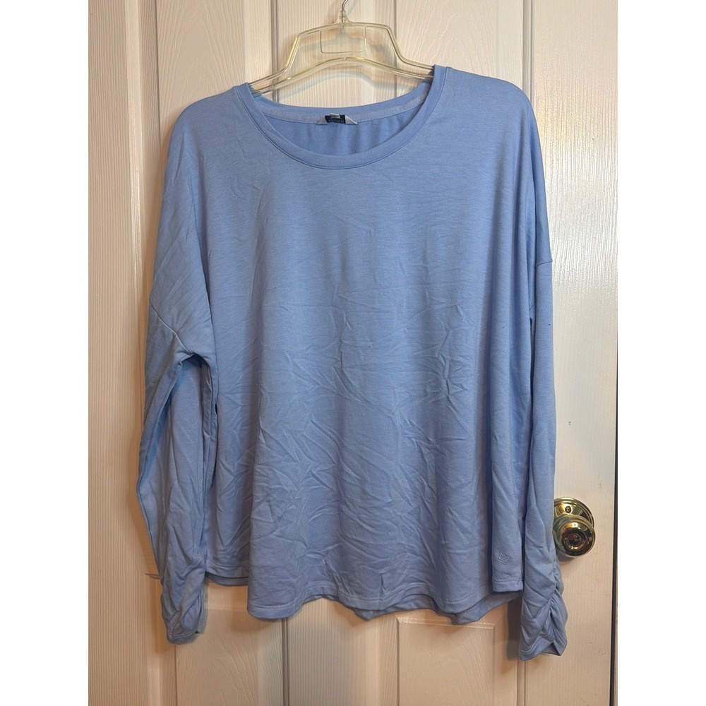 Crown & Ivy Womens XL Light Blue Long Sleeve Ruched Cuff Crew Neck Top